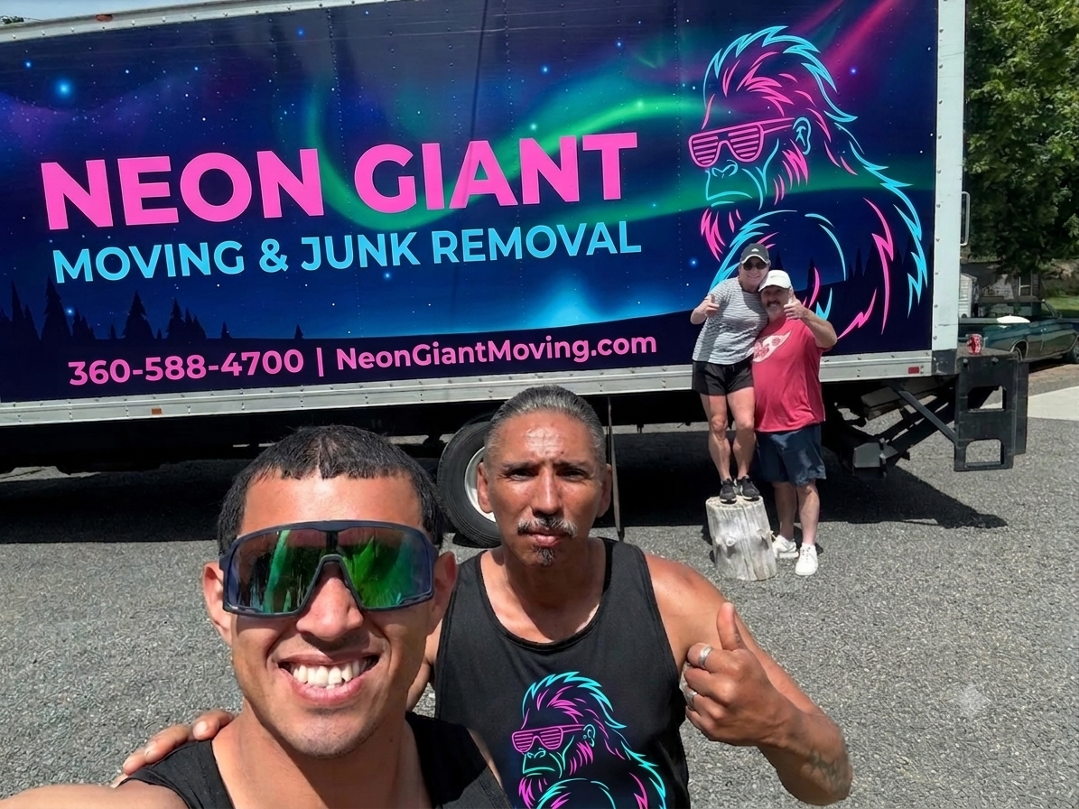The Neon Giant Moving crew with a happy customer
